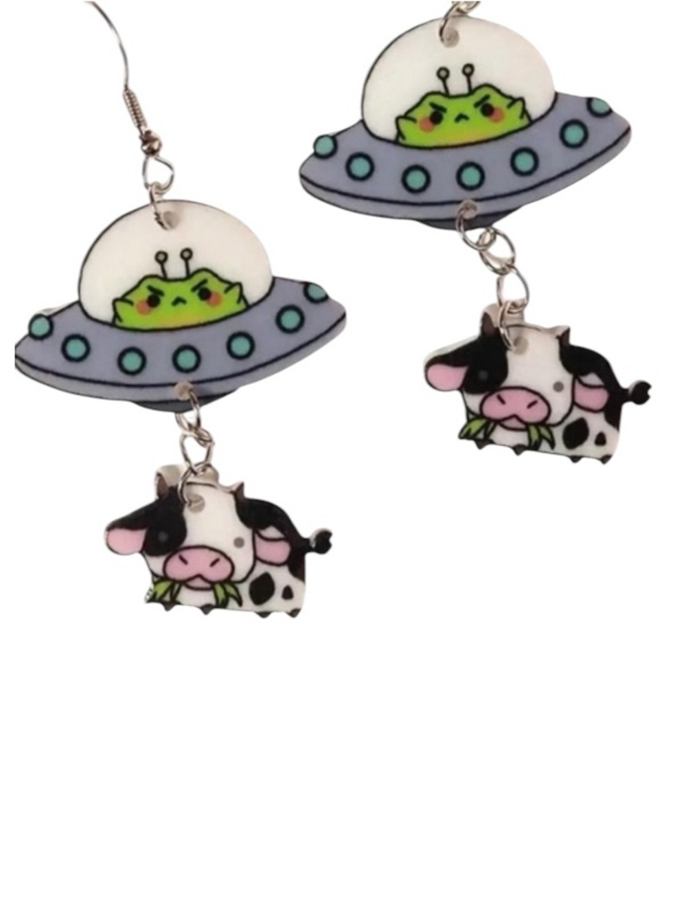 Gray Alien Spaceship and Cow Earrings